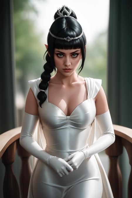 cinematic film still photogenic adult woman, age 30,  high quality, best quality, high detail, 4k, standing, <lora:SatinBallDress:1>, b4lldr3ss, satin white dress, long dress, elbow gloves, <lora:Char_bg3-ShadowheartbyDocS-LORA:0.8> dsshadowheart, black hair, long hair, ponytail, bangs, braid, hair ornament, pointy ears, green eyes, circlet, . shallow depth of field, vignette, highly detailed, high budget, bokeh, cinemascope, moody, epic, gorgeous, film grain, grainy