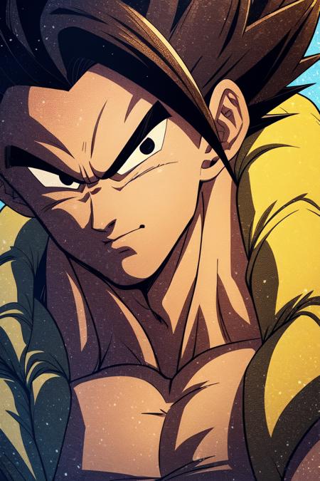 1boy,gogeta, muscular male,male focus,solo,vest,white pants,tail,pectorals, wristbands 