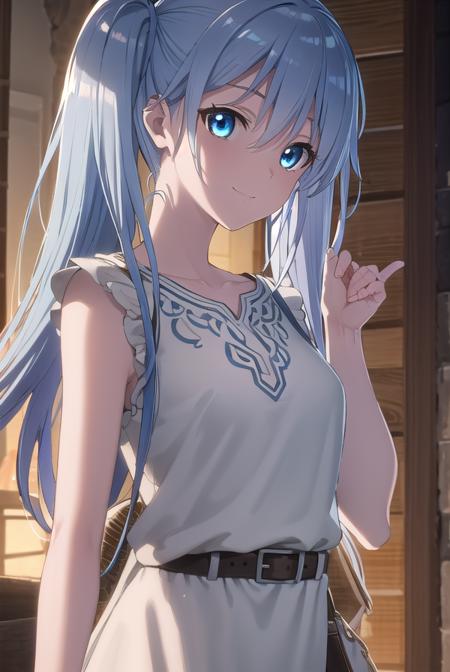 lafanpan, long hair, blue eyes, twintails, blue hair, dress, wings, bandages, sandals, fairy wings, fairy,