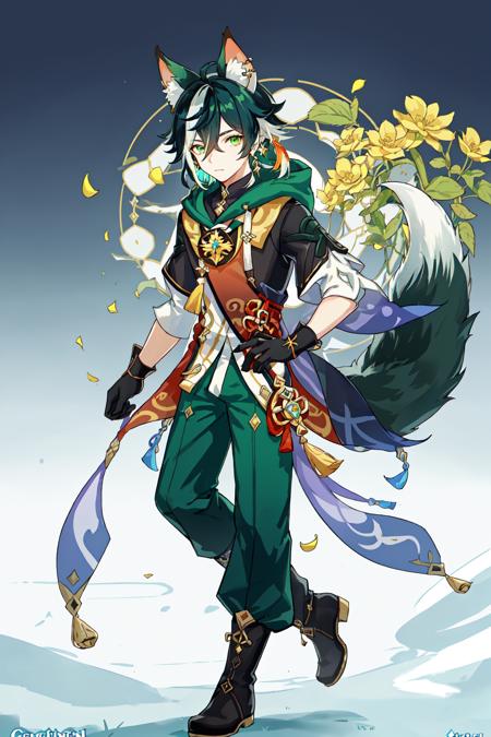 Genshin Impact Scenes,  solo,  looking at viewer,  short hair,  shirt,  black hair,  gloves,  1boy,  animal ears,  hair between eyes,  jewelry,  closed mouth,  green eyes,  tail,  flower,  short sleeves,  male focus,  earrings,  boots,  green hair,  black gloves,  pants,  hood,  streaked hair,  animal ear fluff,  fox ears,  fox tail,  tassel,  multicolored clothes,  single earring,  multicolored eyes,  yellow flower,  logo,  vision (genshin impact),  blunt ends,  asymmetrical sleeves,  gradient eyes,  baggy pants,  medal,  fox boy, <lora:EMS-46730-EMS:0.600000>