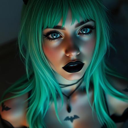 A 20-year-old woman with gothic makeup. Long silky neon green hair, big blue eyes with thin eyebrows, black lips, small upturned nose. She is the image of a seductive gothic succubus. She exudes a bewitching aura. Ultra-detailed facial details, innocent and playful, soft light glowing, soft incandescent. Staring into the distance. Grey and blue tones, misty atmosphere. Sexy and seductive playful, sexy emo outfit, revealing breasts and some neck and chest tattoos. Her detailed face surrounded by disheveled hair radiates innocence and beauty. Cinematic composition, contrast of light and shadow, adorable bold and detailed face, realistic and fantastical woman, ((full body shot of an attractive woman, view from above, large breasts, deep cleavage, sideboob, very sexy)), Detailed facial texture, ultra-detailed eye and hair details, 8K+ high resolution photos are all showcased.