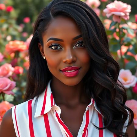 A portrait of a beautiful lady with ebony skin, long, wavy black hair, dark brown eyes, and soft red lipstick, wearing a white sleeveless button-down shirt with large red vertical stripes, the light shining from above her head at a 45-degree angle, against a colorful rose garden.