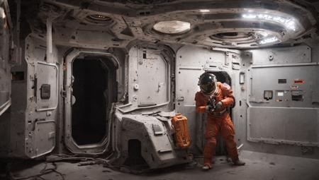 classicnegative cinematic portrait photo, an astronaut in a rusty grey spacesuit on an abandoned spaceship, flickering fluorescent ceiling light tubes, blinking control panels, dramatic atmosphere, alien movie, sci-fi, haze, bloom, halation, centred, rule of thirds