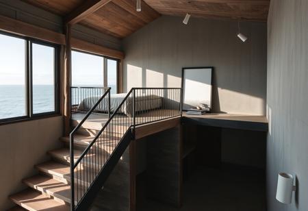 A wabi-sabi inspired single studio interior with the bed on a mezzanine and a public room and kitchen on the ground floor, set against serene seascapes the stairs connect 2 floors. Designed by Dane Taylor Design, the space embraces simplicity, imperfection, and the use of natural materials such as weathered wood, stone, and raw metal. The design celebrates the beauty of asymmetry and the organic aging process of materials, creating a calm, serene atmosphere.
Apply 60-30-10 rule: 60% primary color as dusty grey and dark green, 30% secondary color as beige, 10% decoration coloras brick red, navy blue.
The open-plan layout allows the seascape to influence the interior, with large windows framing the ocean views and natural light enhancing the beauty of the materials. The light casts gentle shadows across the textured surfaces, emphasizing the imperfections that define the wabi-sabi aesthetic. Asymmetry in the architectural elements adds subtle interest without disrupting the minimalist layout, ensuring the space remains uncluttered and peaceful.
Architectural photography captures the harmonious relationship between the interior and the surrounding seascape, focusing on the interplay between the raw, natural materials and the tranquility of the ocean. The seamless transition between the mezzanine bedroom and the ground floor public spaces provides a clear division of function while maintaining a fluid, minimalist design. Open space with trees
