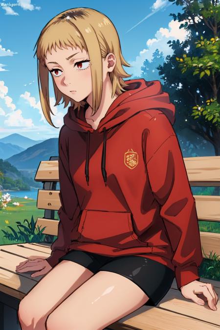 sawatari akane red hoodie hood down black shorts