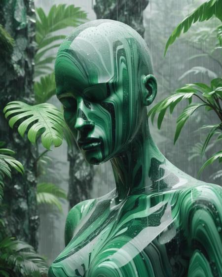 a camouflage-green mannequin made of marble , Beeple, cinema 4 d, cyberpunk art, net art , in the rain forest<lora:digital_human:1.0>