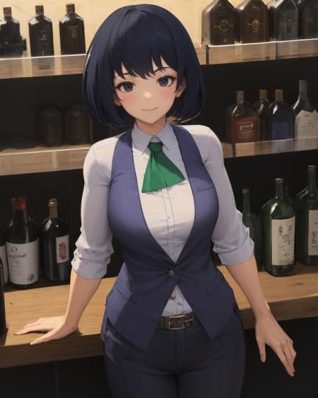 best quality, (masterpiece:1.2), illustration, absurdres,
(1girl, solo, beautiful detailed girl), cowboy shot,
<lora:Shino-000008:0.9>, Shino, short hair, black hair, bob cut, black eyes, medium breasts,
white shirt, blue vest, green neckwear, black pants, blue shoes, high heels
looking at viewer, polite smile, gentle smile, japanese,
city, street, buildings, ((inside food truck)), counter, behind counter, shopkeeper, shop, drinks, bottles, alcohol, cocktail, ice cream, (bartender),