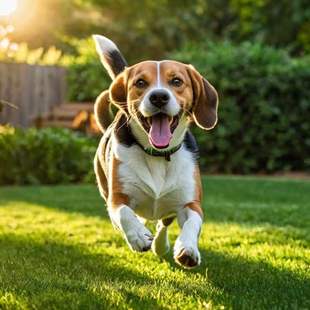 Beagle dog, 
mid-tumble over a well-worn football, 
tongue lolling out in a wide grin, 
evening golden light casting elongated shadows, 
playful scene unfolding in a lush, 
green backyard, 
focus on gleeful expression, 
fur texture detailed, 
dynamic motion blur emphasizing playfulness, 
shallow depth of field with bokeh effect in background, 
sun flare, 
digital painting, 
vibrant color palette, 
high resolution.