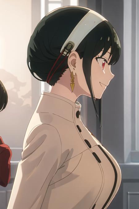 best quality, masterpiece, highres, solo, {yor_briar_spyxfamily:1.15}, black_hair, hairband, red_eyes, sidelocks, white_hairband, jewelry, earrings, bangs, long_hair, 1girl, breasts, closed_mouth, from_side, profile, smile, coat, dog, short_hair_with_long_locks, upper_body