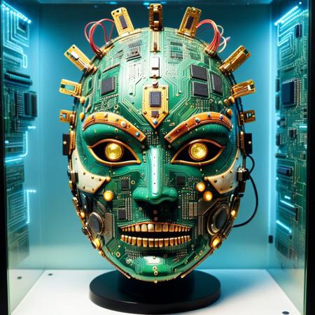 a ceremonial mask sculpted from stacked circuit boards, surface engraved with ancient processor schematics, glowing resistors set like jewels in the brow, inner layer pulsing with heatmaps and voltage arcs, displayed inside a glass vitrine, pcb_style