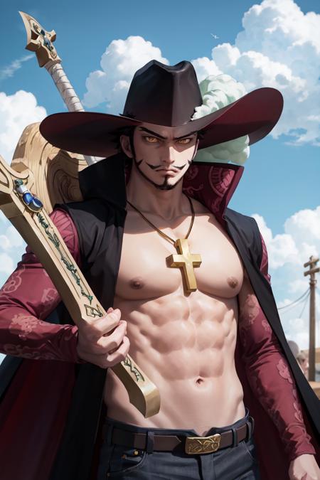 masterpiece, best quality, highres,  <lora:ANIME_OP_dracule_mihawk_ownwaifu:0.9>, scenery,
ANIME_OP_dracule_mihawk_ownwaifu,www.ownwaifu.com,1boy,hat,facial hair,jewelry,beard,necklace,weapon,abs,black hair,yellow eyes,belt,mustache,coat,muscular,sword,pants,pectorals,open clothes,cross,goatee,pirate hat,cross necklace,long sideburns,sideburns,cape,open coat,bare pectorals,short hair,black headwear,pendant,spiked hair,manly,toned,
fur trim,holding,holding weapon,stubble,latin cross,long coat,navel,pirate,topless male,