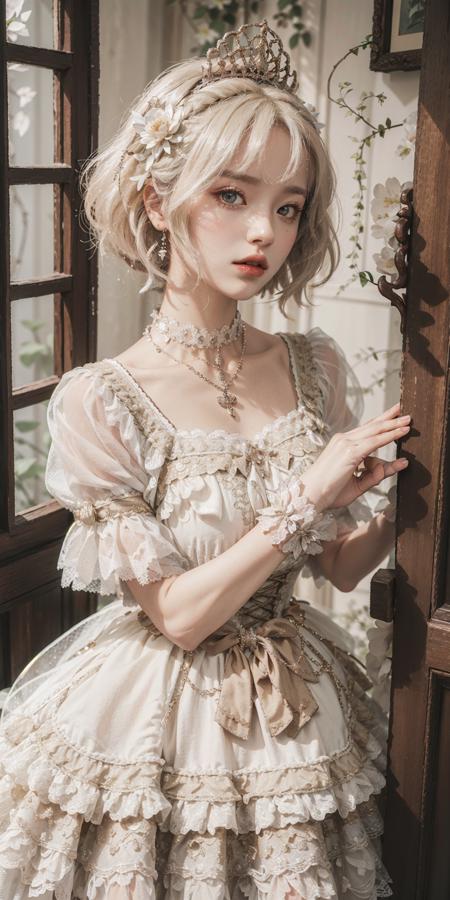 ((in doors, in school)),1girl,platinum blonde hair,  dress, byrs, solo,veil, white dress, necklace, full body, flower, frills, standing, frilled dress, white flower, jewelry, lace wrist, Masterpiece:1.4), (Realisitc:1.2), (Absurdres:1.2), Ultra-Detailed, beautiful face, beautiful detailed eyes, (Realism:1.2), (photorealistic:1.3), Soft Lighting, Best Quality, 4K