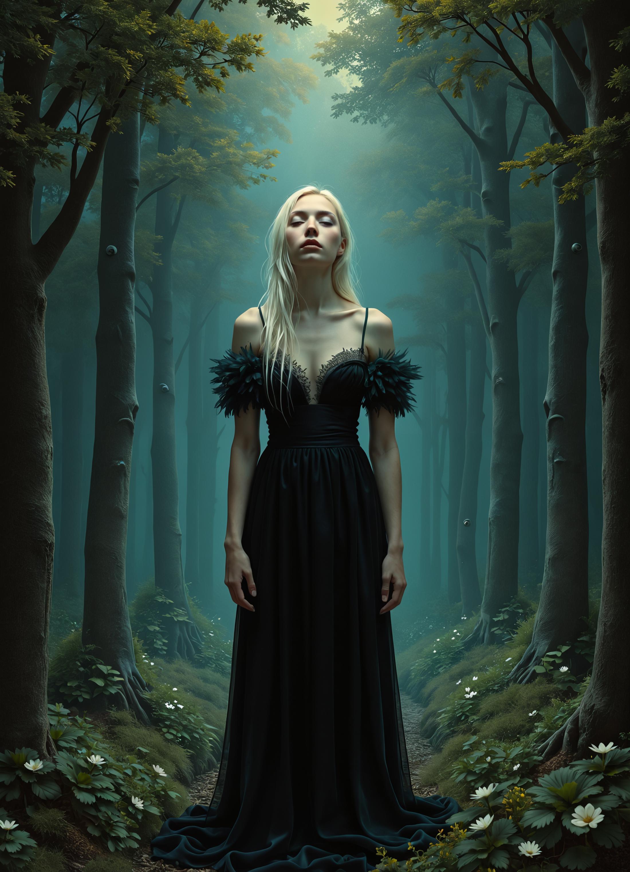 influenced by Gerald Brom, photographic-realism, Beautiful Albino woman, Starry Night, Black dress, Full body painting, glowing skin, 16k, intricate painting, clarity in details, in an alien garden, nature Paradise Lost, spiritual, surreal, trees, tan skin, highly detailed, smooth, very sharp focus, bathing in light, ultra realistic, complementary colors