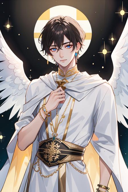 ((masterpiece:1.2, best quality)), 4k, 1boy, adult, male focus, aged up, angel wings, lens flare, colorful, glow white particles, white robe, gold bracelets and accessories