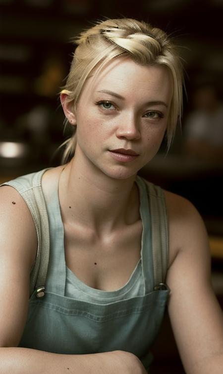 portrait photo of amysmart working as a waitress in a diner, (masterpiece), (best quality), (detailed), (8k), (HDR), (wallpaper), (cinematic lighting), (sharp focus), (intricate), (closeup)