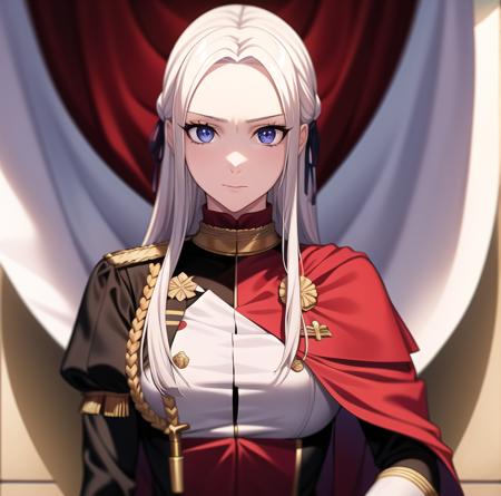 1girl, highres, masterpiece, full body, solo, anime, absurdres, detailed face, perfect eyes, edelgard von hresvelg, upper body, garreg mach monastery uniform, banner