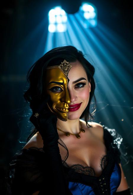 Woman wearing golden mask half that broken in half vertically, the mask has sad face but her face is happy, she has very dark makeup and eyeshadow, winged eyeliner, dramatic dappled light, bluish light, god rays, abandoned theatre, black hair, victorian style black and blue elegant dress, cobwebs, dark room.