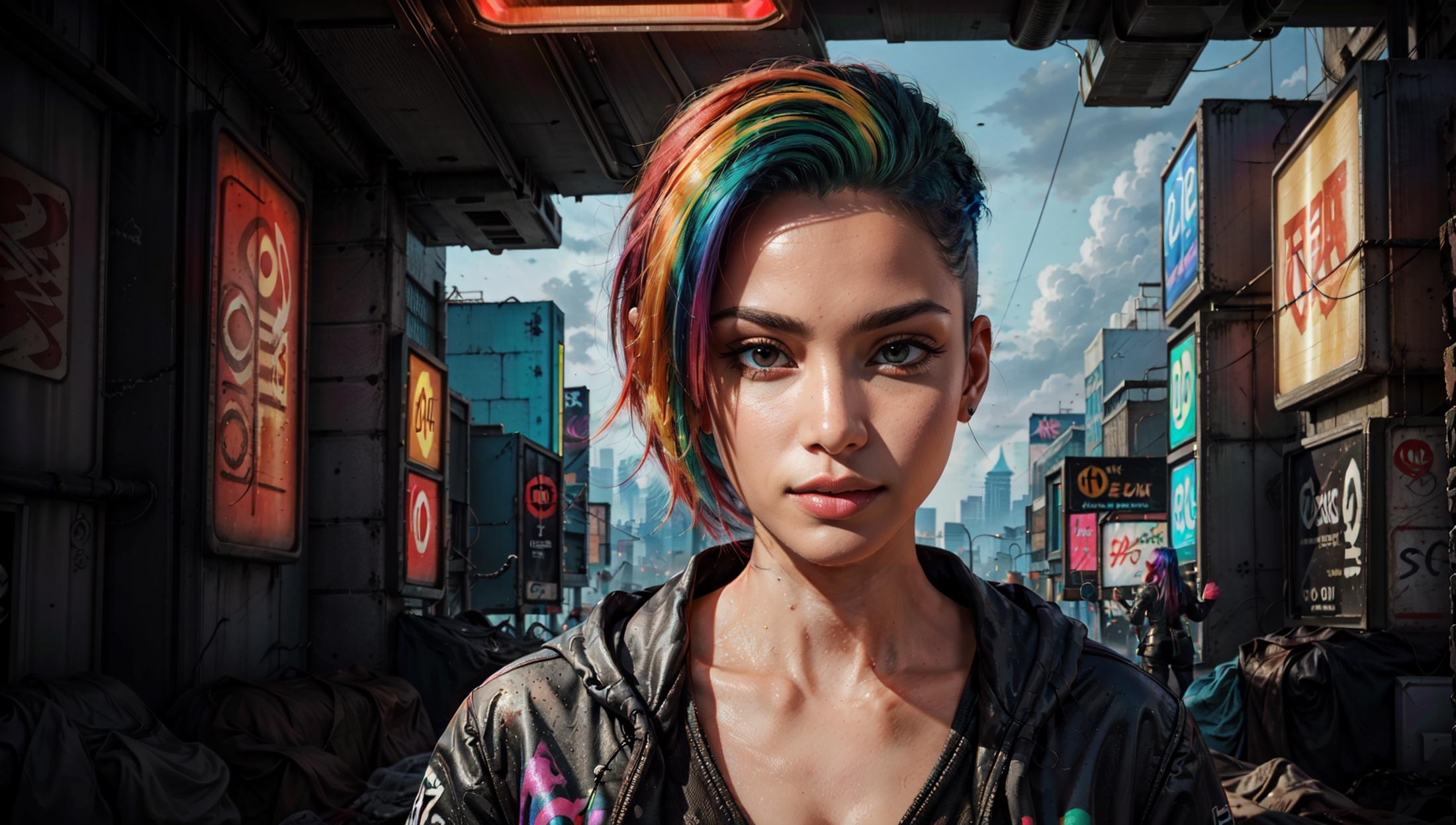 A colorful, artistic image of a woman with a rainbow-colored hair.