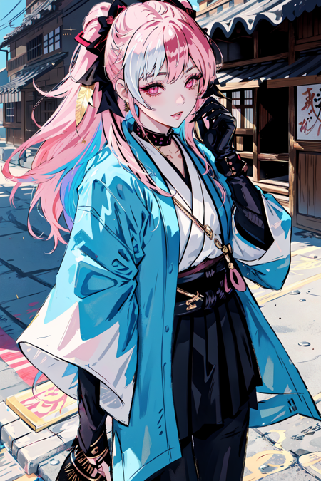 <lora:Shinsengumi_Haori:0.8>  Shinsengumi Haori,masterpiece, best quality, 1girl, solo, long hair, (Shinsengumi), twin tails, hair buns, two tone hair, multicolored hair, pink hair, two colored hair, streaked hair, gold hair, gold eyes, bangs, makeup, black lipstick, mascara, eyeshadow, cross necklace, hair bow, lace gloves, fishnets, black leggings, dynamic angle, side lighting, shiny skin, detailed eyes, detailed face, water flowing, wind swept hair, glitter ,