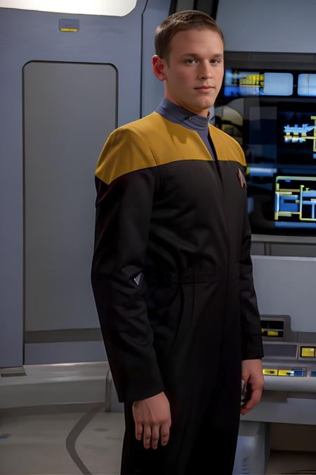 main engineering of a starship, standing next to a control console, BrandonBangs, buzz cut hair, wearing yellow voyunf uniform, (standing at attention), (((hands behind his back))), (((full body portrait))), full body shot, wide angle   <lora:BrandonBangs:0.8>  <lora:VoyunfRefined:0.75>