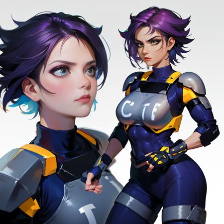 Kanoko, short spiky hair1:2,  purple hair,dark-skinned female,green eyes,makeup,solo1:2 ,abs, serious expression, 
KanArmor, navy blue tight bodysuit ,grey shoulder pads, grey knee pads,grey breastplate,fingerless gloves,cybercop,
(insanely detailed, beautiful detailed face, masterpiece, best quality)   <lora:Kanoko-10:0.7>