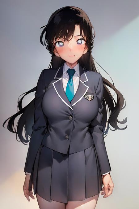 ((masterpiece)), (beach), (8k, high_resolution), ((distinct_image)),((1girl, solo)) ,extremely detailed CG, ((best quality)), (meitantei conan \(style\), detecive conan \(style\), meitantei conan), (((black hair, long hair, wavy hair))), solo, beautiful eyes and detailed face, (large breasts:1.2), (wide hip:1.3), (thick thigh), (long height), ((blush, smile:1.1)), (abs:0.8), ((black hair, black eyes:1.4)), ((1girl, solo)), ((school uniform, green necktie, white shirt, blue blazer, blue jacket:1.2)), cowboyshot <lora:conan2-20:1>