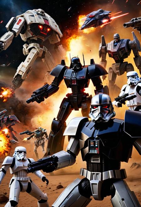 Large space battle scene, Darth Megatron (Darth Vader helmet on black Megatron like mech in the middle of the battle, shown as a star wars crossover with robotech macross with battle mech robot warriors and stormtroopers, tilt-shift photography