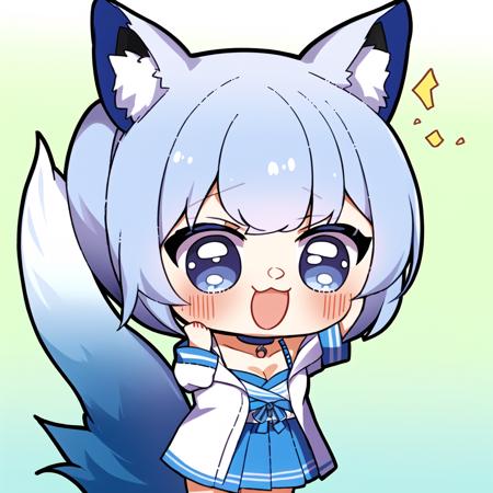 (masterpiece:1,2), best quality,none,
quonV1, 1girl, solo, bare shoulders, indigo bra, breasts, choker, cleavage, collarbone,  indigo jacket with white stripes, long sleeves, nail polish, indigo nails, off shoulder, open clothes, white clothes, open jacket, fox tail, miniskirt, bule pleated skirt, big tail, white thighhighs, white legwear, zettai ryouiki, cowboy shot, gradient, gradient background, looking at viewer,  :d, smile, v, w, 
a anime ears girl with long indigo hair and a white shirt and blue skirt and indigo open jacket with white stripes , posing for the camera with her hand up
 <lora:Chibi_kawai:1>