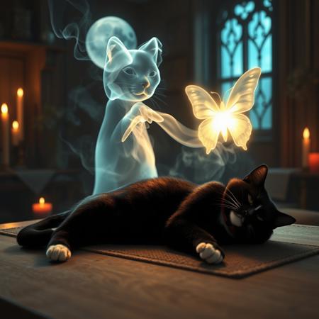 A mesmerizing image of ethereal smoke, illuminated by a heavenly glow, elegantly forming the silhouette of a lifelike cat. The smoke cat extends its paw, reaching toward a glowing, translucent butterfly, its core radiating with an otherworldly light. The smoke cat is positioned on a table beside the lifeless body of a black cat with white paws and a white spot on its upper lip wearing a red collar, creating a poignant and mystical scene. The balance of smoke density and airiness gives an uncanny realism to the apparition.
The background unveils an enchanted, dimly lit space—candles flicker, incense burns, and moonlight streams through a nearby window, casting a dreamlike glow. The fusion of hyper-realistic 3D rendering, painterly textures, photographic realism, and illustrative vibrancy results in a visually striking masterpiece.