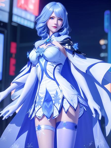 <lora:DLDLmengyiran_20230728215837:0.75>,1girl,mature female, cityscape, night,looking at viewer, blue eyes,short dress,white medium hair, blue hair,cape, white pantyhose,snowflakes, floral print, jewelry, gem,shiny, thigh strap,