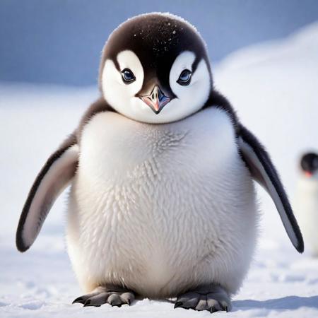 Emperor penguin chick in snowy landscape, intense glowing eyes,