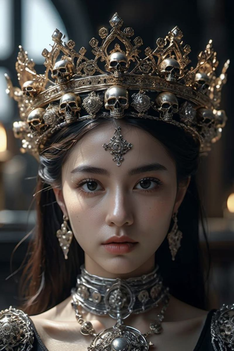 A closeup of a woman wearing a gold crown adorned with skulls.