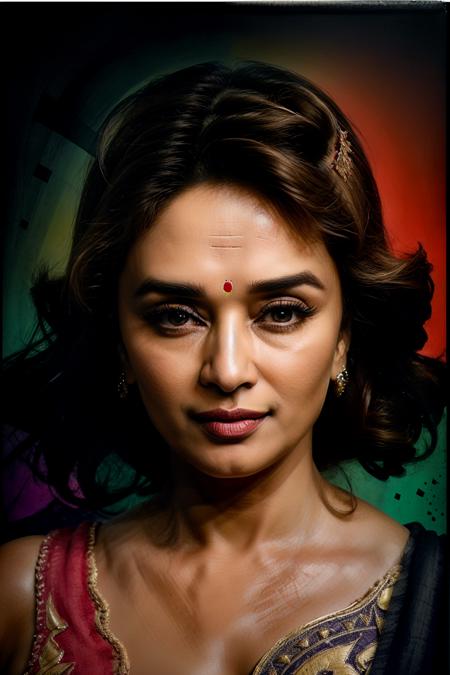 <lora:add_detail:1>,  <lora:GoodHands-vanilla:1>, <lora:madhuri-01:1> madhuri dixit, portrait, Flash with a colored gel for creative background illumination (Colored Background Flash)., Glitch, Collage Photography