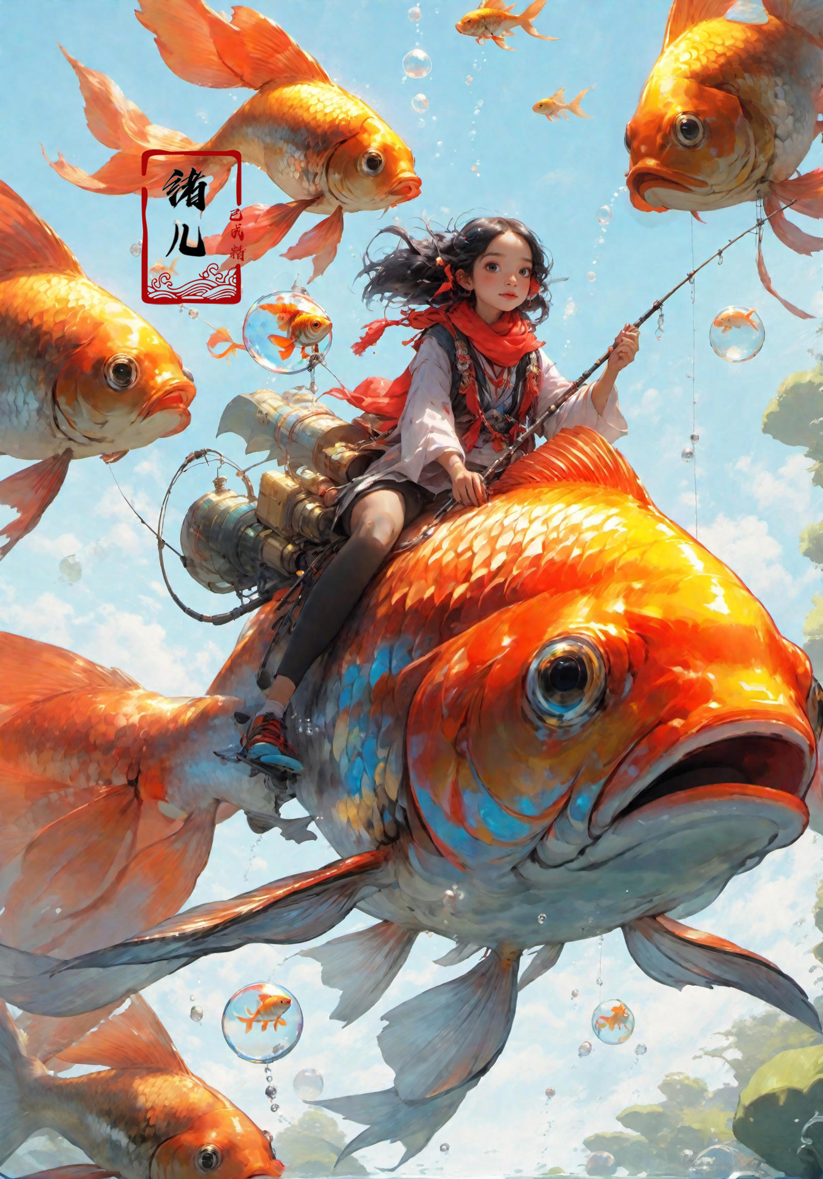 A girl riding a giant goldfish in a painting.