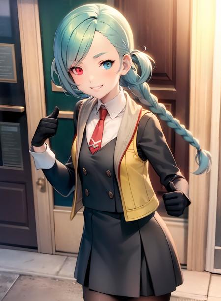 masterpiece, official art, 1girl, CGI,  <lora:mizuki-10_2:0.8>, ainimizuki, vest, red necktie, blue eye, yellow eye, heterochromia, twin braids, pantyhose, dress skirt, black gloves, collar, small breasts, thumbs_up, sleeves_rolled_up, smiling, beautiful green park background,