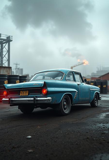score_9, score_8_up, score_7_up, score_6_up, 
portrait, masterpiece, 4k, ray tracing, intricate details, highly detailed,
A vintage car with blue paint, rugged body, electric motor, neon-lit rims, custom taillights, wood trim, custom exhaust,  parked in a polluted industrial area, with smog lingering above, toxic waste barrels scattered, and a sense of neglect and decay
cinematic light, dramatic light, shallow depth of field, vignette, highly detailed, high budget, bokeh, cinemascope, film grain, grainy