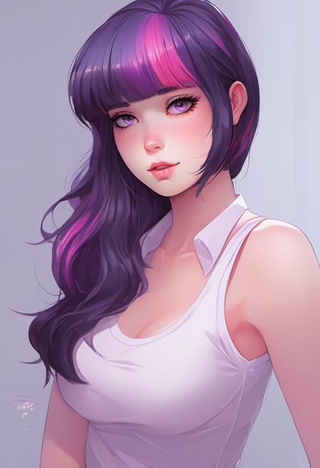 a [cute|stunning] anime [woman|girl] twiggy as femme fatale, purple eyes, purple hair with a pink stripe, vibrant colors, gorgeous, majestic, (art by Alena Aenami), (art by Beeple), (art by clive barker), professional, intricate detail, countershading, beautiful, Refined, trending on pixiv, keyart, denoise, sharp focus <lora:twiggyxlv3:1> ~*~aesthetic~*~, *~cinematic~*~ (masterpiece, top quality, best quality, official art, beautiful and aesthetic:1.2), (1girl), extremely detailed,(colorful:1.1) highest detailed, 2D, waifu