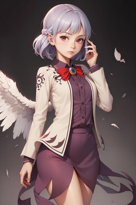 kishin sagume braid jacket long sleeves purple dress bowtie jewelry brooch single wing feathered wings