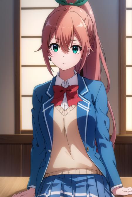 fruitofevolutionlulune, <lora:fruitofevolution lulune s2-lora-nochekaiser:1>,
lulune, long hair, brown hair, ribbon, (green eyes:1.3), hair ribbon, ponytail,
BREAK skirt, bow, school uniform, jacket, blazer,
BREAK indoors, classroom,
BREAK looking at viewer,
BREAK <lyco:GoodHands-beta2:1>, (masterpiece:1.2), best quality, high resolution, unity 8k wallpaper, (illustration:0.8), (beautiful detailed eyes:1.6), extremely detailed face, perfect lighting, extremely detailed CG, (perfect hands, perfect anatomy),