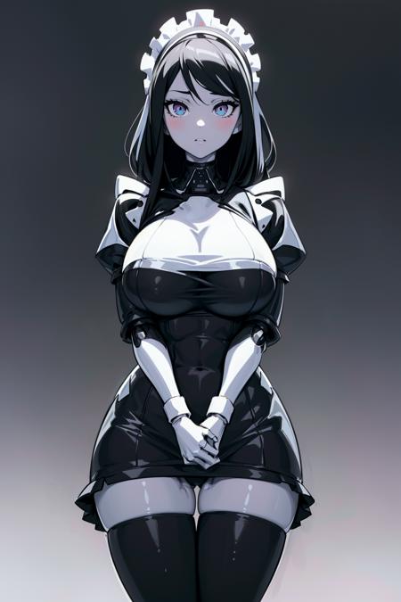 beautiful, (masterpiece:1.2), (best quality:1.2), perfect eyes, perfect face, perfect lighting, 1girl, breasts, curvy, black background, humanoid robot, beautiful breasts, monochrome, robot, simple background, sketch, solo, thick thighs, thigh gap, thighs, wide hips, robot girl, robotic maid, maid costume, hands together, hands on crotch, chrome, robotic eyes, metal skin, metal face, modest clothes, fully clothed, long black dress, black shirt, white apron, white headdress, black hair, white skin <lora:Robot Girl:0.65>