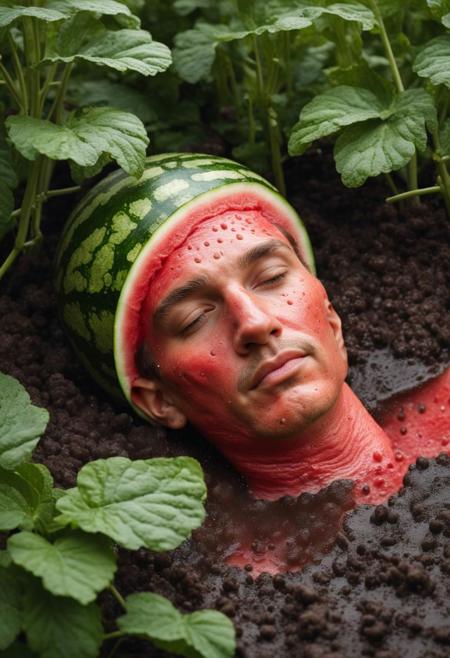 Human head morphs smoothly into Watermelon, natural skin details, lying in the garden, soil, rain, drops, photo realistic, surreal, 8k