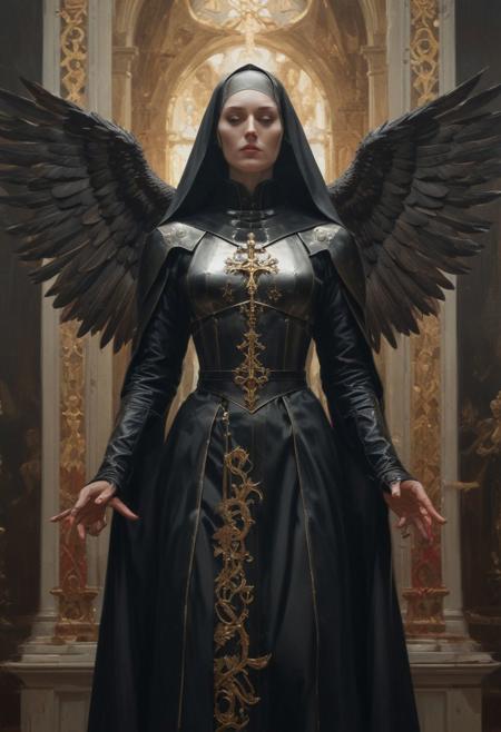 Symmetrical Front view of the nun warrior, winged, dark, armour, standing pose, extremely long robe, at the church, top light, low saturation, highly detailed,  masterful painting in the style of Anders Zorn | Marco Mazzoni | Yuri Ivanovich, Jeff Simpson, oil on canvas