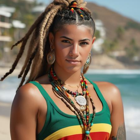 a hyper realistic ultra detailed photograph of a Rastafarian woman, colorful outfit, long wild hair, tattooed hands and body, fashion pose, detailed symmetric beautiful hazel eyes, detailed gorgeous face, beach resort <lora:Charli_DAmelio_xl_lora-000036:1>, hi detail, sharp focus, perfect lighting, awesome, dslr, 4k high quality. extra detail, extra sharp, magical, perfect moment, natural skin, pores