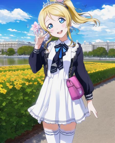 eli_ayase, <lora:eli_v1:0.9>, blue_eyes,  (yello hair:1.2), burger, masterpiece, best quality, 1girl, solo, paimon \(genshin impact\), face closeup, two hands, smile, happy, open mouth,
long sleeves, white dress, dress, halo, thighhighs under boots, single thighhigh, bangs, boots, hair between eyes, white footwear,  white thighhighs
detailed background, outdoor,  sky, dandelion, butterflies, castle on lake