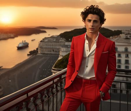 Nautical-themed (Photo:1.3) of (Ultrarealistic:1.3) <lora:Man_Men_FFashion:1> Timothe Chalamet a man <lora:Timothe-Chalamet:1>,  in a red suit standing on a balcony, handsome man, attractive man, handsome male, sun behind him, inspired by Pablo Munoz Gomez, shot at golden hour, editorial photograph, midshot of a hunky, by Roman Bezpalkiv, by Artur Tarnowski, maxim sukharev, by Gabor Szikszai,Highly Detailed,(Mono Color:1.3) . Sea, ocean, ships, maritime, beach, marine life, highly detailed