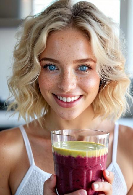 drinking smoothie, red smoothie, beet smoothie, strawberry smoothie, healthy smoothie, smoothie in glass, perfect fruits, perfect glass, perfect fingers, Drinking smoothie, wide-angle view, ((full-figure visible:2.0)), entire body in frame, kitchen overview, ((spacious composition:1.5)), head to toe in shot, standing in kitchen, kitchen advertisement, full body, lips touching glass, glass in front of mouth, (open mouth:1.2), DRINKING, (SMOOTHIE:2.0),  gym clothing, sports clothes, white top, white sporttop, athletic clothing, happy, smiling, laughing, beautiful girl, short light blonde wavy hair, above shoulder length blond curly hair, bob cut, blue eyes, blue eyes:1.1, perfect eyes, extremely detailed eyes, extremely detailed face, textured skin, photorealistic, hyperdetailed:1.2, insane details, natural look, cute face, stunningly beautiful, pale skin, freckles, blush, detailed skin, extremely detailed, 1girl, shoulders, arms, breasts, hips, hands, perfect hands, perfect feet, perfect eyes, perfect nails, upper legs, legs, happy, open mouth, perfect teeth, in the kitchen, marble kitchen block, modern kitchen, 4K, RAW, best quality, masterpiece, ultra-detailed, hyperrealism:1.2, RAW photo, best quality, realistic, photo-realistic:1.3, best quality, masterpiece, extremely delicate and beautiful, extremely detailed natural lighting, bokeh:1.2, Porta 160 color, shot on ARRI ALEXA 65, Fujifilm XT-3, WARMER LIGHTING, sunny kitchen, warm sunlight, sun rays, inviting atmosphere