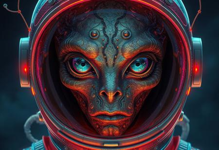 Create a stunning, iridescent, and highly detailed 8K image of a fusion between an astronaut and a Buizel, with a perfectly symmetrical alien face, incorporating elements of Pixar and Disney animation, and the styles of Alphonse Mucha and Frank Frazetta. Include intricate details such as veins, micro details, and lifelike textures. The image should be a masterpiece with a dramatic and surreal atmosphere, inspired by the phrase 'to infinity and beyond.' Incorporate neon wiring and silver filigree, and render it in Octane Render with cinematic quality.