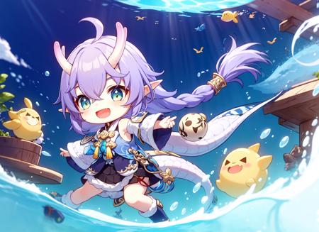 chibi,original, 
 <lora:BailuHonkaiStarRail_v10:0.7>, 1girl, solo, bailu \(Honkai Star Rail\), cute,  purple hair, long hair, green eyes, plaits, braids, clothes, blue and white clothes, detached sleeves, black skirt, woolen skirt, swim, smile, short boots, open mouth, gourd, yellow tassels, dragon horns, bare legs, look from side, ocean, dragon tail, purple tail, tail, elf ear,, masterpiece, best quality,