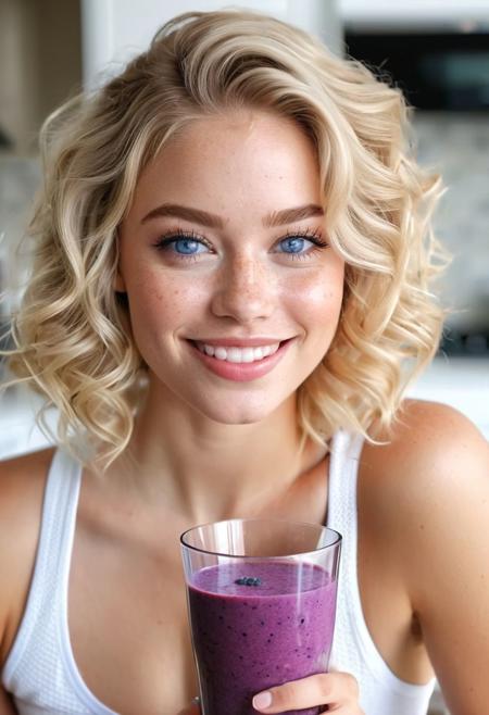 On top of kitchen countertop, (SITTING:2.0), Sitting on kitchen counter top, kitchen countertop, marble kitchen top, drinking smoothie, PURPLE smoothie, black berry smoothie, blue berry smoothie, healthy smoothie, smoothie in glass, perfect fruits, perfect glass, perfect fingers, Drinking smoothie, lips touching glass, glass in front of mouth, (open mouth:1.2), DRINKING, (SMOOTHIE:2.0), gym clothing, sports clothes, white top, white sporttop, athletic clothing, happy, smiling, laughing, beautiful girl, short light blonde wavy hair, above shoulder length blond curly hair, bob cut, blue eyes, blue eyes:1.1, perfect eyes, extremely detailed eyes, extremely detailed face, textured skin, photorealistic, hyperdetailed:1.2, insane details, natural look, cute face, stunningly beautiful, pale skin, freckles, blush, detailed skin, extremely detailed, 1girl, perfect eyes, perfect nails, happy, open mouth, perfect teeth, marble kitchen block, modern kitchen, 4K, RAW, best quality, masterpiece, ultra-detailed, hyperrealism:1.2, RAW photo, best quality, realistic, photo-realistic:1.3, best quality, masterpiece, extremely delicate and beautiful, extremely detailed natural lighting, bokeh:1.2, Porta 160 color, shot on ARRI ALEXA 65, Fujifilm XT-3, WARMER LIGHTING, sunny kitchen, warm sunlight, sun rays, inviting atmosphere