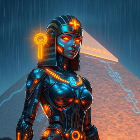 A lone cyborg enforcer stands atop a neo-pyramid in the neon rain. Her sleek, military-grade cybernetic body bears ancient Egyptian markings glowing in thermoptic blue. The enforcer's face, reminiscent of Major Kusanagi, is framed by a modernized Nemes headpiece with data cables instead of cloth stripes. Her eyes glow amber against the night, enhanced with targeting systems displaying hieroglyphic readouts. A translucent tech-ankh hovers before her, projecting tactical data in the air. Her thermoptic camouflage suit ripples like liquid metal, decorated with circuit-board scarabs that pulse with electric life. Behind her, the megalithic pyramid's surface is a perfect fusion of ancient limestone and modern carbon fiber, its edges traced by streams of data visualized as flowing digital hieroglyphs.